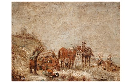 Lot 119 - George Sherwood Hunter after Adolf Shreyer - Packing a cart | oil