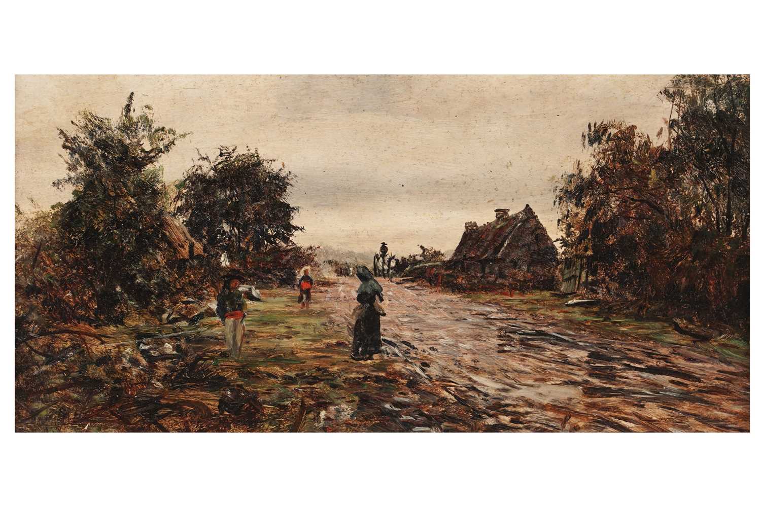 Lot 2 - George Sherwood Hunter - Porthaven, a country lane with figures | oil