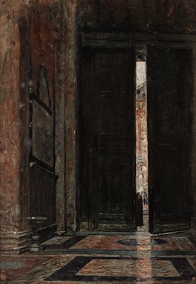 Lot 80 - George Sherwood Hunter - A nun entering church | oil