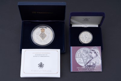 Lot 449 - The Royal Mint £5 silver proof coin; a Westminster “Diamond Wedding” commemorative coin