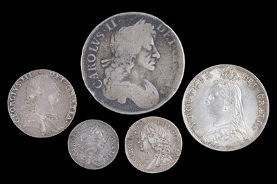 Lot 441 - Five silver coins, Charles II and later