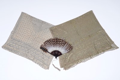 Lot 518 - A Qing Chinese tortoiseshell and feather fan; and two metallic Assuit shawls