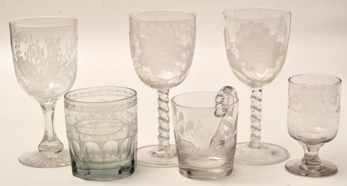 Lot 215 - Six engraved glasses, comprising: three...