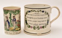 Lot 237 - Coloured printed creamware mug of 'North East'...