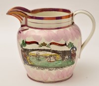 Lot 242 - Large coloured printed lustre creamware jug of...