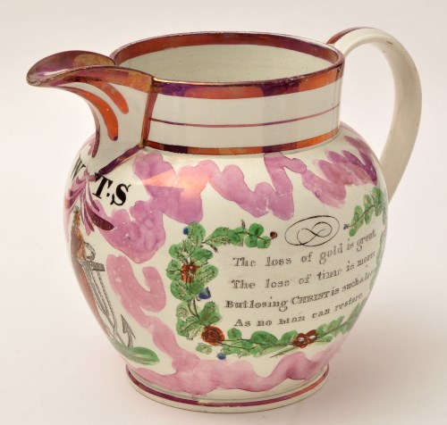 Lot 243 - Coloured painted lustre creamware jug of...