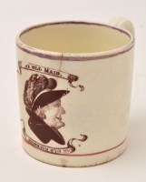 Lot 247 - Small printed lustre creamware mug of 'North...