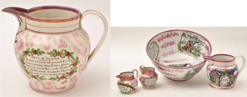Lot 267 - Coloured printed mourning lustre pearlware jug...