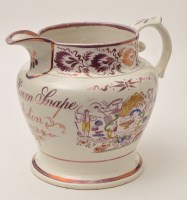 Lot 268 - Coloured puce printed lustre pearlware jug of '...