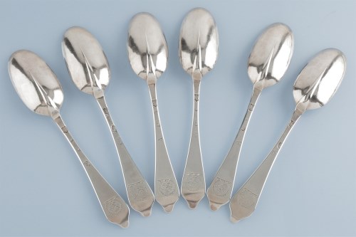 Lot 724 - Six Queen Anne silver dog-nose tablespoons, by...