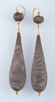 Lot 917 - A pair of 19th Century hairwork drop earrings,...