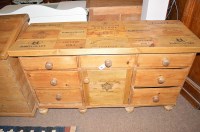 Lot 673 - A pine sideboard, the top inset wine crate box...