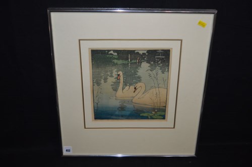 Lot 412 - A limited edition woodblock print - swans,...