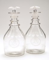 Lot 304 - Pair of mallet-shaped glass decanters, with...