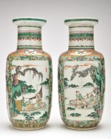 Lot 401 - Pair of Chinese Famille Verte Rouleau vases,...