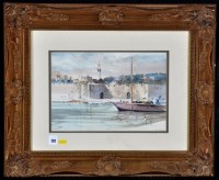 Lot 128 - John Barrie-Haste - a ship docked in a...