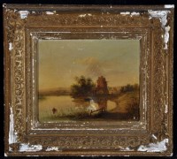 Lot 247 - C*** Morris - a ruined windmill by a lake,...